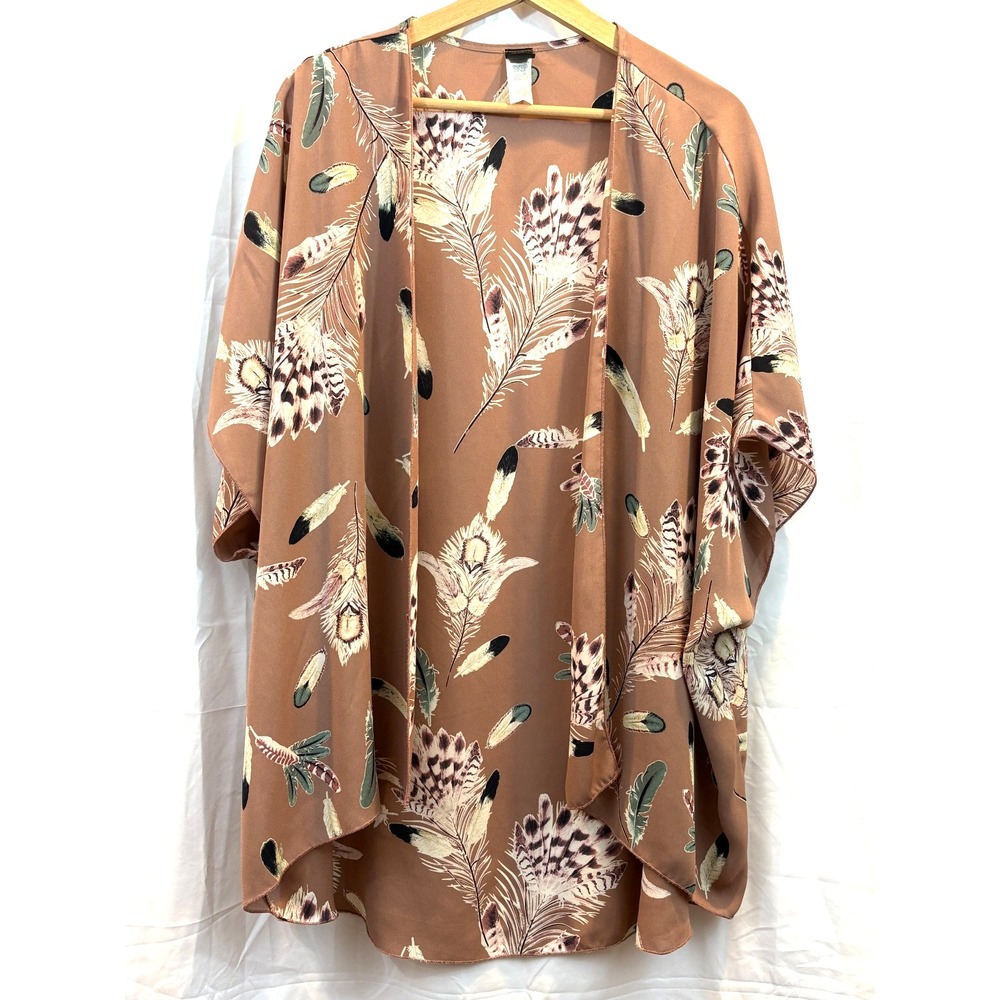 Women's Short Sleeve Kimono, Brown‎ with Feather Print with Mauve/Green/Cream
